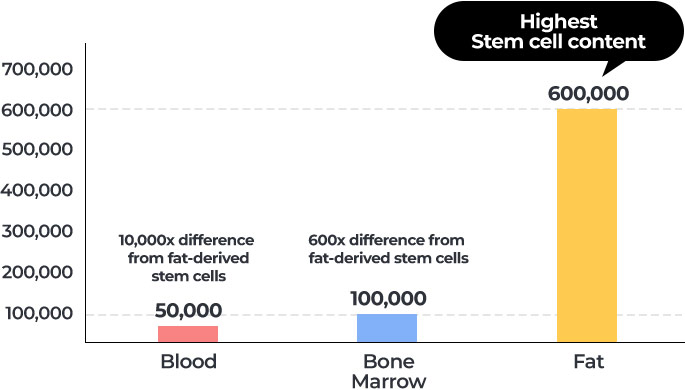 Up to 10,000 Times More Mesenchymal Stem Cells(MSCs) Compared to Blood & Bone Marrow table chart